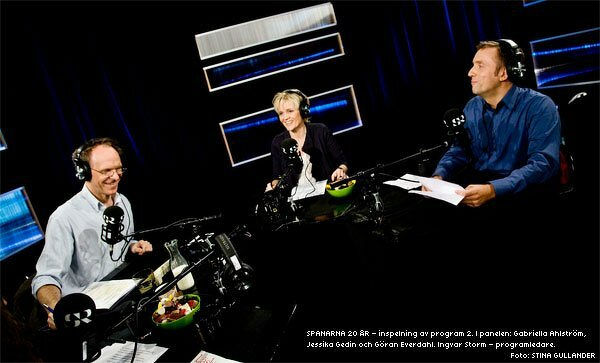 Spanarna 20 år - inspelning av program 2. I panelen: Gabriella Ahlström, Jessika Gedin och Göran Everdahl. Ingvar Storm - programledare. Foto: Stina Gullander